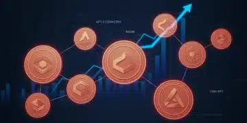 Futuristic altcoin staking network with glowing connections and rising APY graph
