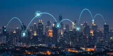 Futuristic city with data streams representing smart contract oracle integration in 2026
