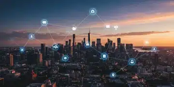 Futuristic digital cityscape with interconnected blockchain networks for cross-chain smart contracts.