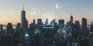 Futuristic cityscape with holographic legal documents representing metaverse regulation in the US.