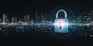 Futuristic digital padlock over blockchain network, symbolizing smart contract security and audit advancements for US developers by 2026.