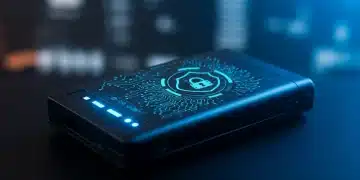 Modern hardware wallet glowing with security symbols, representing robust digital asset protection for US users.