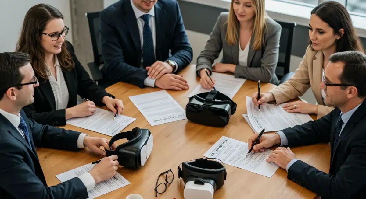 Professionals discussing metaverse policy with VR headsets and legal documents.