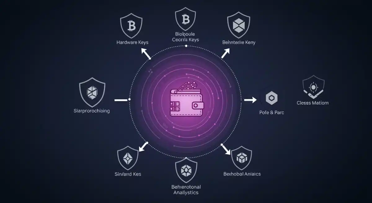 Layers of multi-factor authentication protecting a cryptocurrency wallet.