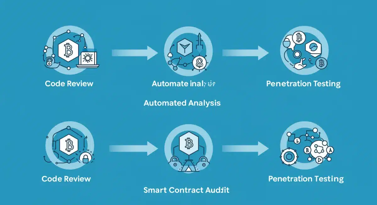 Infographic depicting the multi-stage process of smart contract auditing, highlighting various techniques for vulnerability detection.