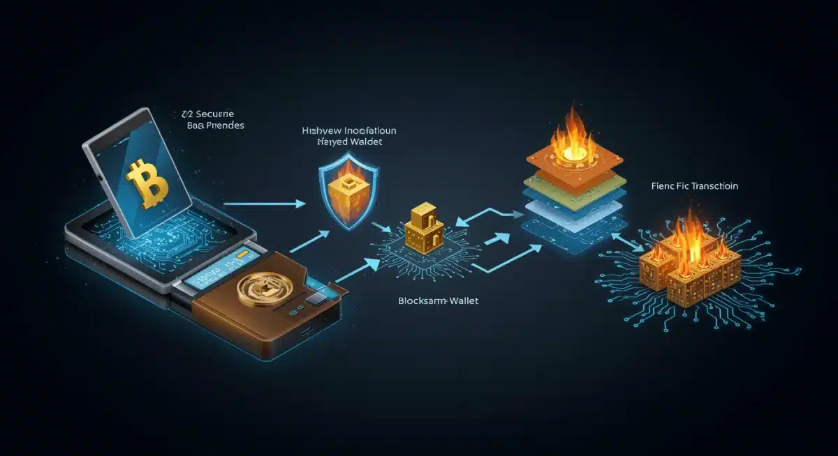 Secure data flow illustration, depicting encrypted transactions from a hardware wallet to the blockchain with robust security layers.