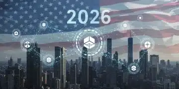 Futuristic digital city with blockchain networks and US regulatory impact on crypto.