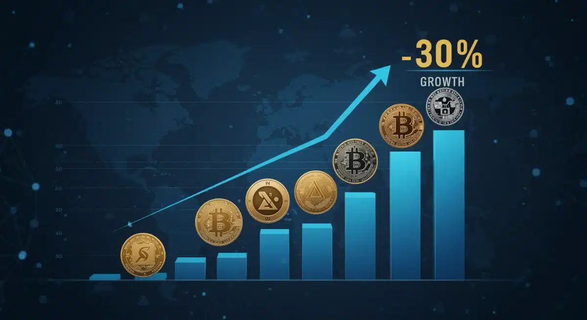 Stylized bar chart showing 30% growth for multiple altcoins on a blockchain background