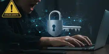 Digital lock and key over blockchain, symbolizing crypto security and recovery