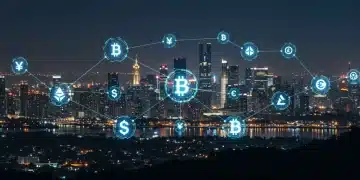 Futuristic digital cityscape with glowing blockchain networks and crypto symbols