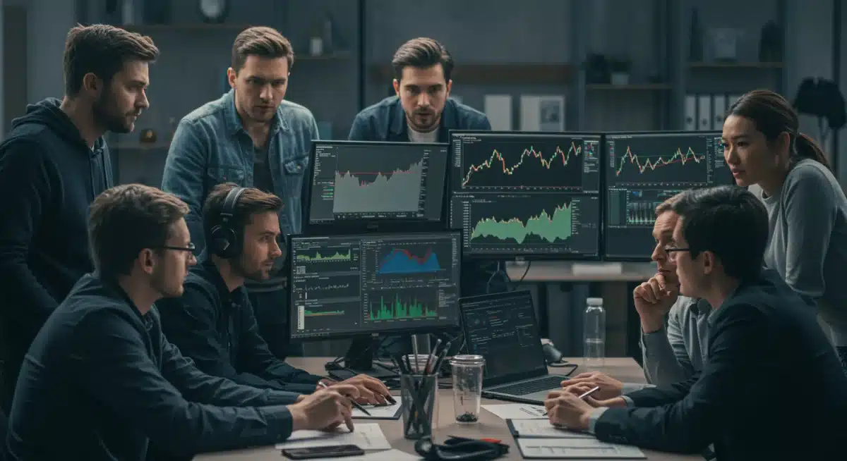 Diverse investors analyzing cryptocurrency charts and data on multiple screens
