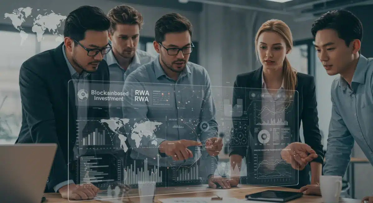 Diverse investors analyzing RWA blockchain investment data on a digital screen in a modern office.