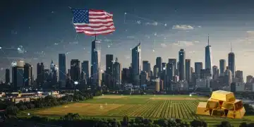 Futuristic digital city with real-world assets and blockchain network, symbolizing RWA investment for US investors.