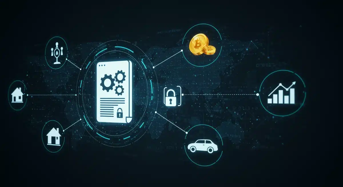 Smart contract tokenizing diverse real-world assets on a blockchain, showcasing asset securitization.