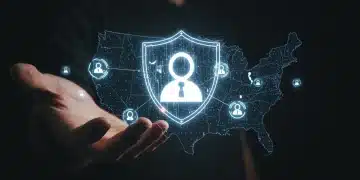 Futuristic digital identity shield with blockchain connections over US map