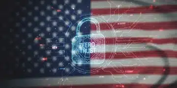 Futuristic padlock with 'Zero Trust' symbol securing a Web3 network in the US, reflecting 2026 standards.