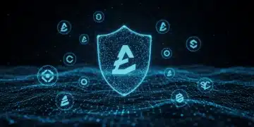 Futuristic blockchain network protecting altcoins from 2026 cyber threats.
