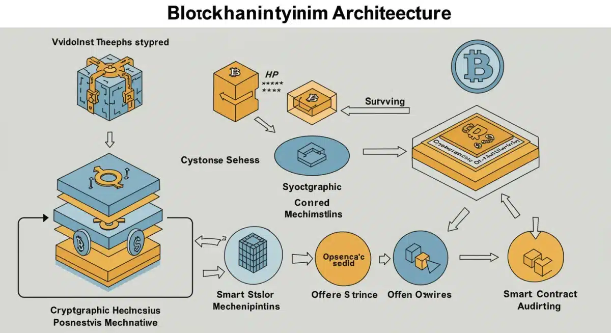 Infographic detailing blockchain security layers and threat defense mechanisms.