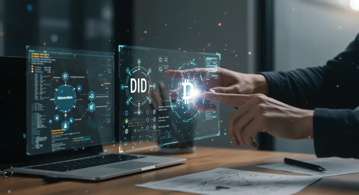 Developer interacting with holographic interface showing DID code and blockchain ledger.