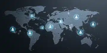 Futuristic digital identity network with secure data flow and interconnected decentralized identifiers.