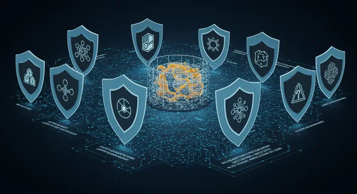 Post-quantum cryptography solutions protecting a blockchain from future quantum attacks.