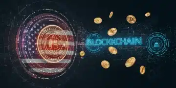 Quantum computer threatening blockchain network with crypto coins in the foreground, representing future security risks.
