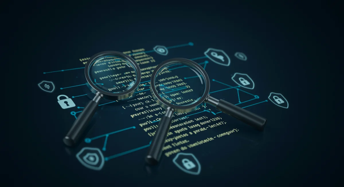 Illustration of smart contract security audit and vulnerability assessment.