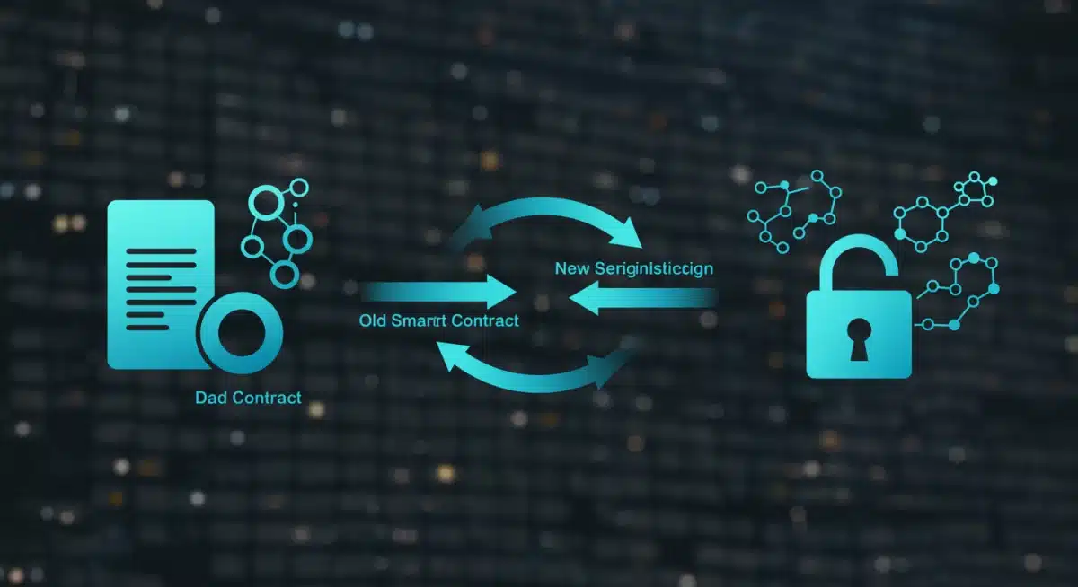 Visual representation of migrating data from old to new smart contracts on a blockchain.