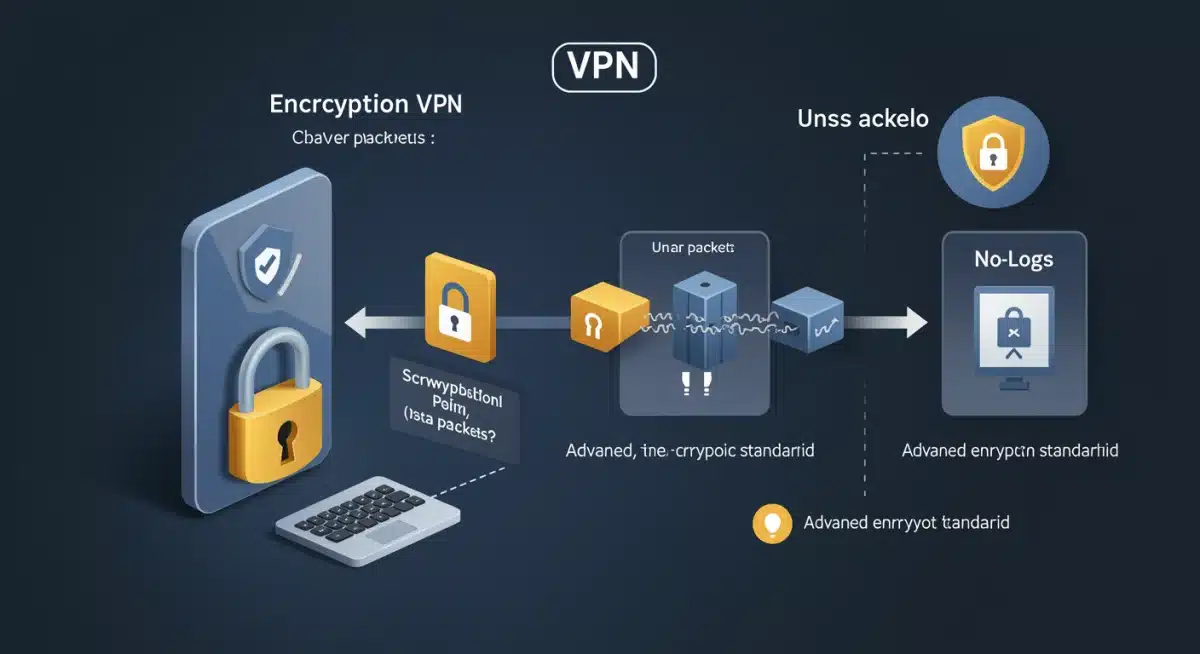 Infographic illustrating VPN encryption and no-logs policy for data privacy