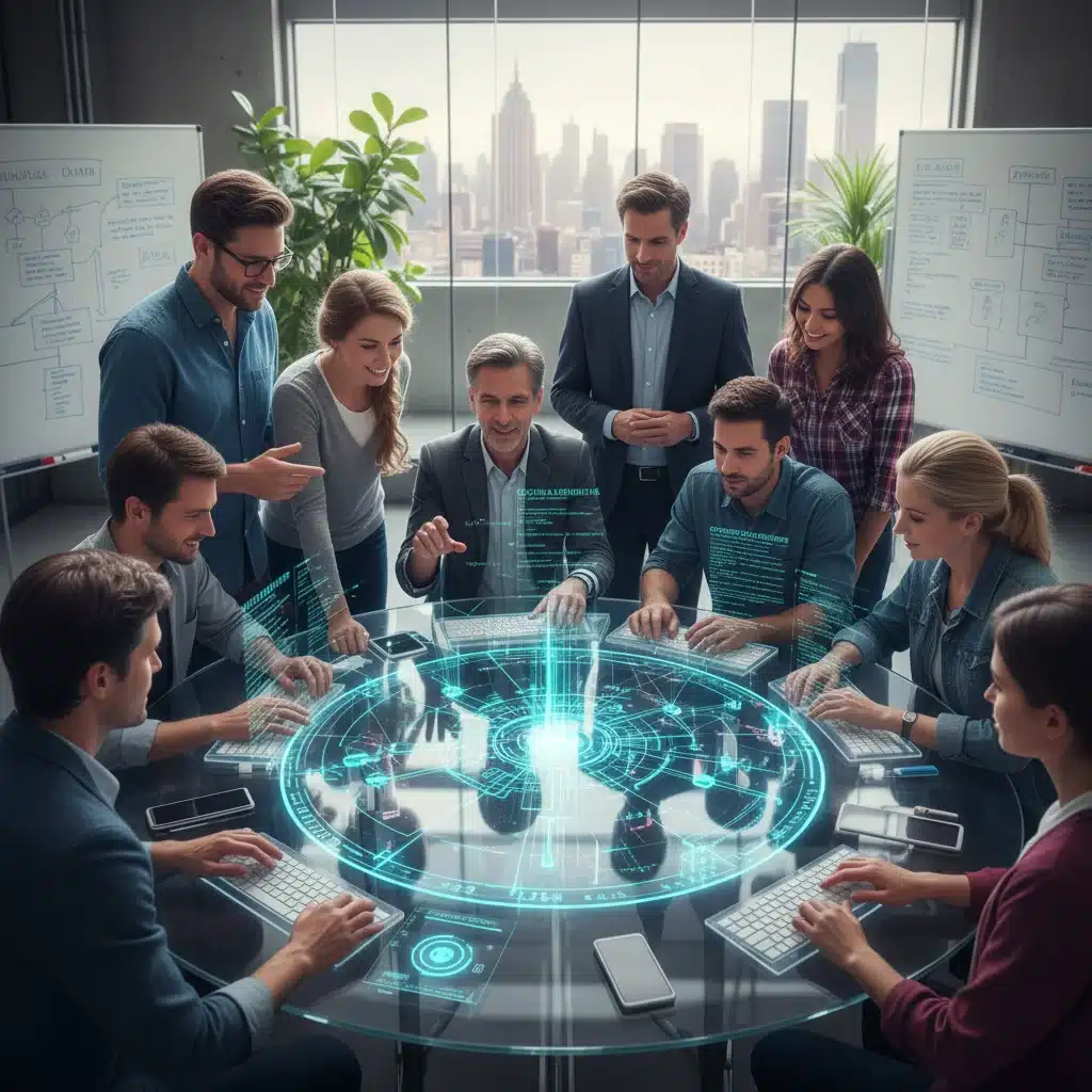 Diverse team collaborating on blockchain architecture and code, representing crypto project development.