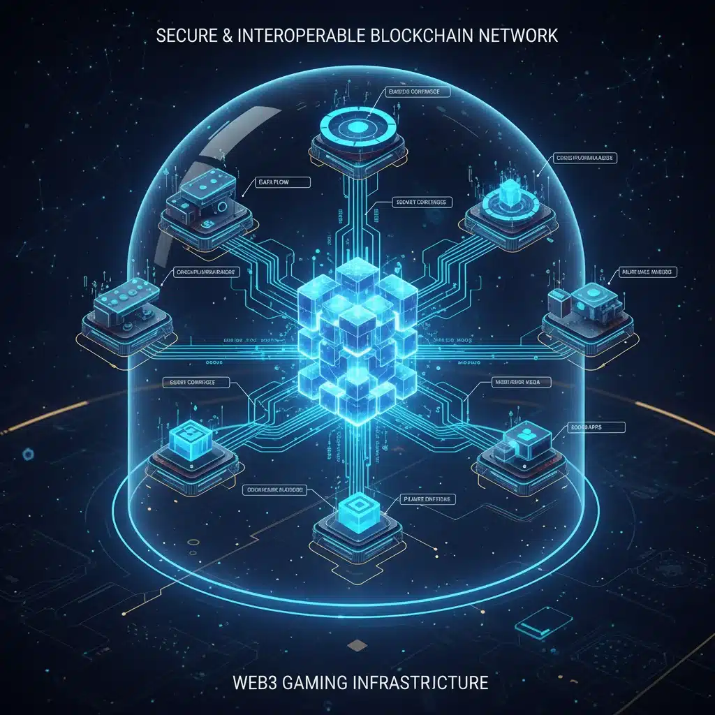 Secure blockchain network connecting multiple Web3 gaming platforms and dApps, illustrating interoperability.