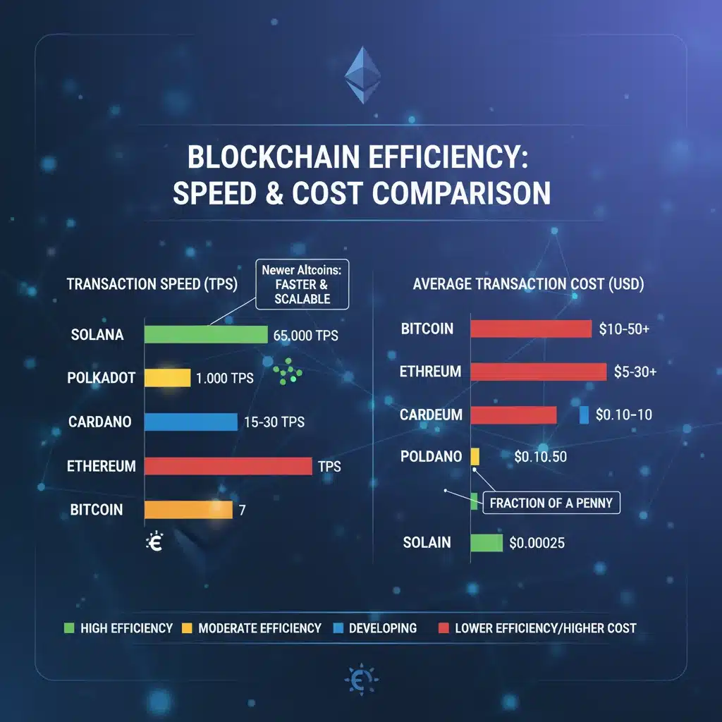 Infographic comparing blockchain transaction speeds and costs for various altcoins.