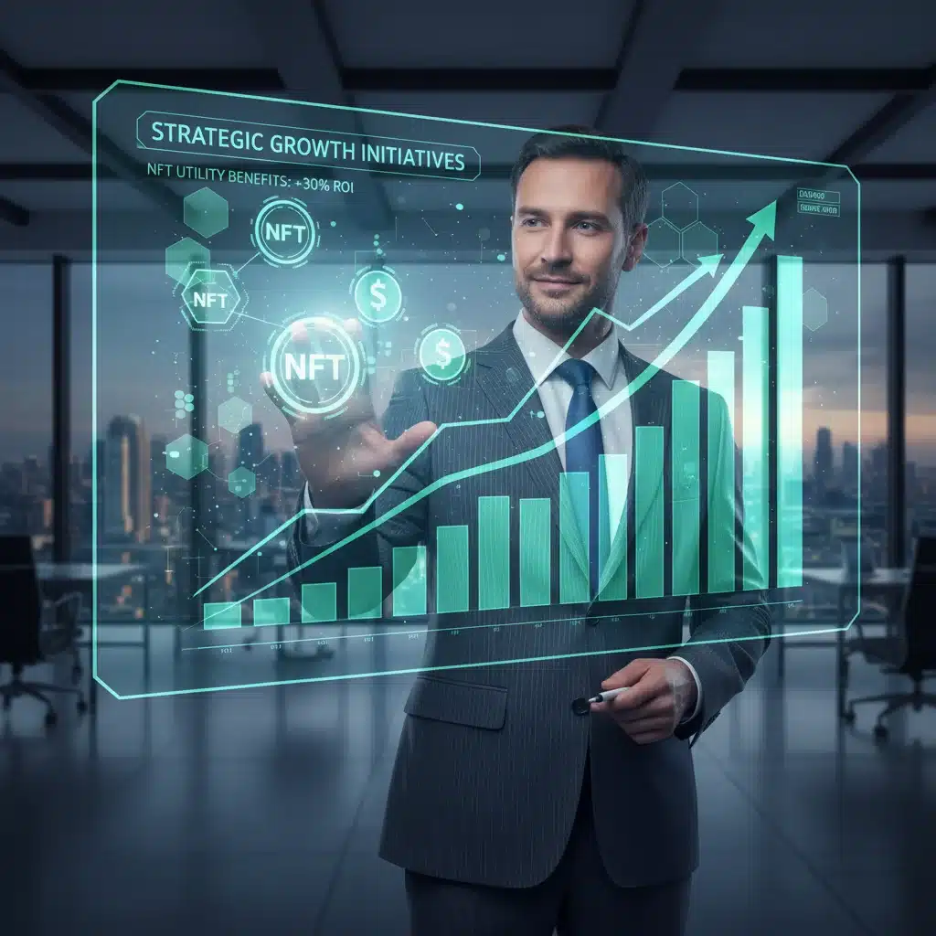 Business executive analyzing growth charts and blockchain data for NFT strategy.