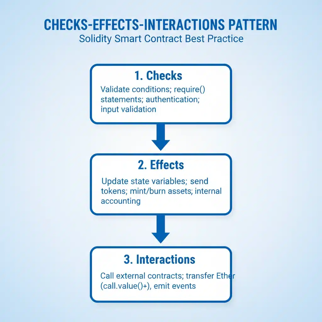 Flowchart demonstrating Checks-Effects-Interactions pattern for secure smart contract development.