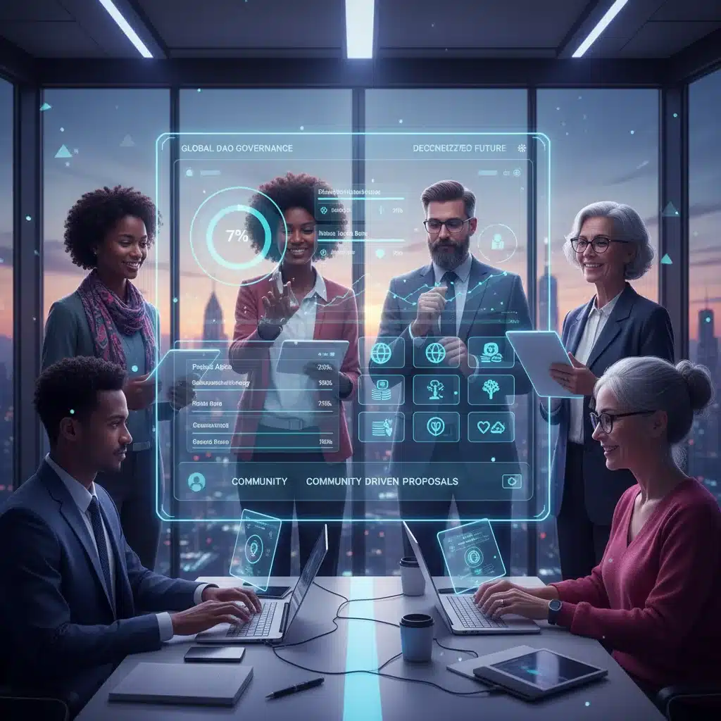 Global community collaborating on DAO decision-making and proposals