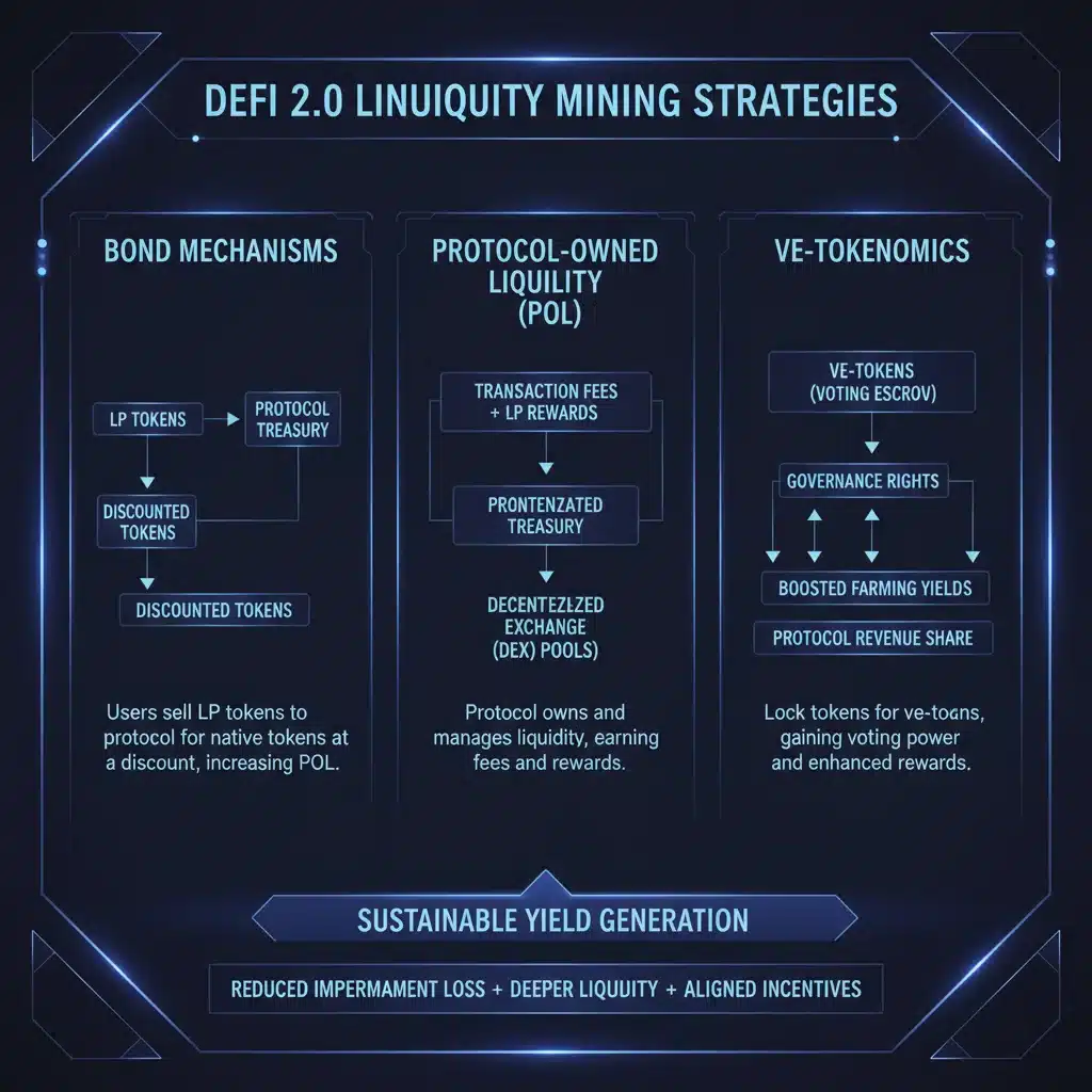 Infographic detailing DeFi 2.0 liquidity mining strategies