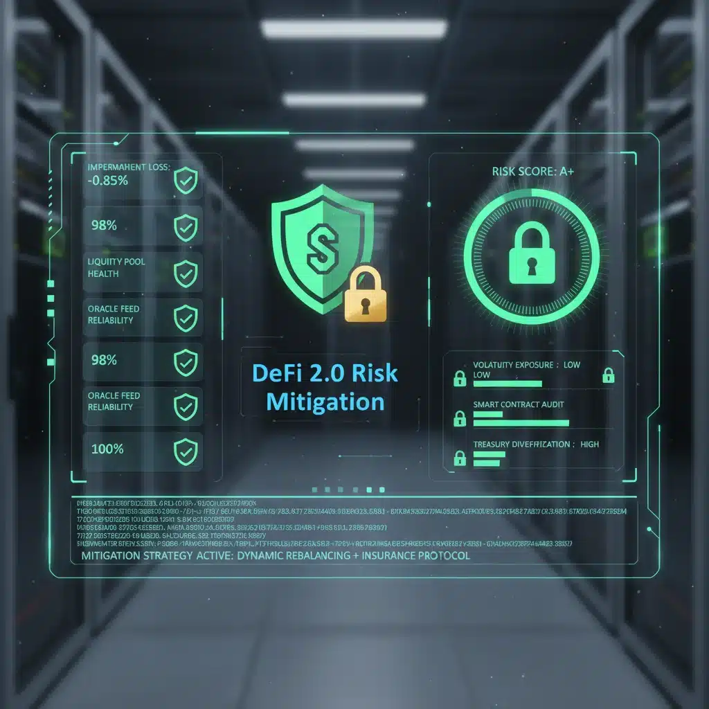 Smart contract interface showing DeFi 2.0 risk management and security