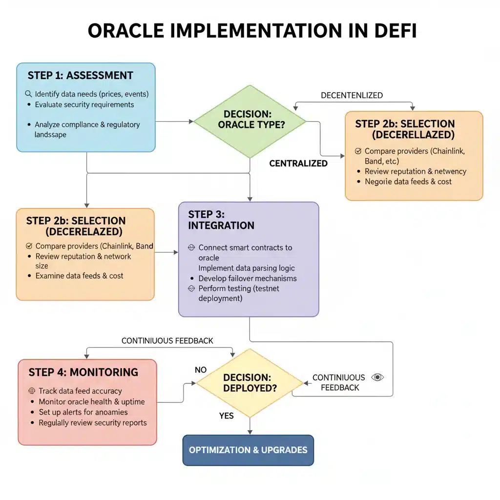 Flowchart depicting a four-step DeFi oracle implementation process
