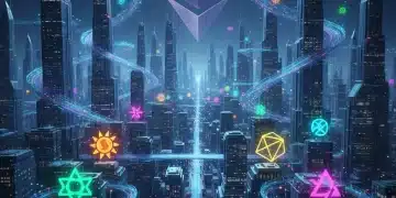 Futuristic blockchain network with various altcoin logos, symbolizing advanced scalability for decentralized applications.