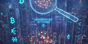 Digital cityscape with glowing crypto symbols, magnifying glass on underpriced altcoins.