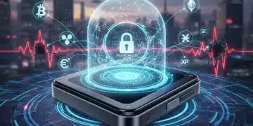 Futuristic hardware wallet with glowing shield protecting crypto assets