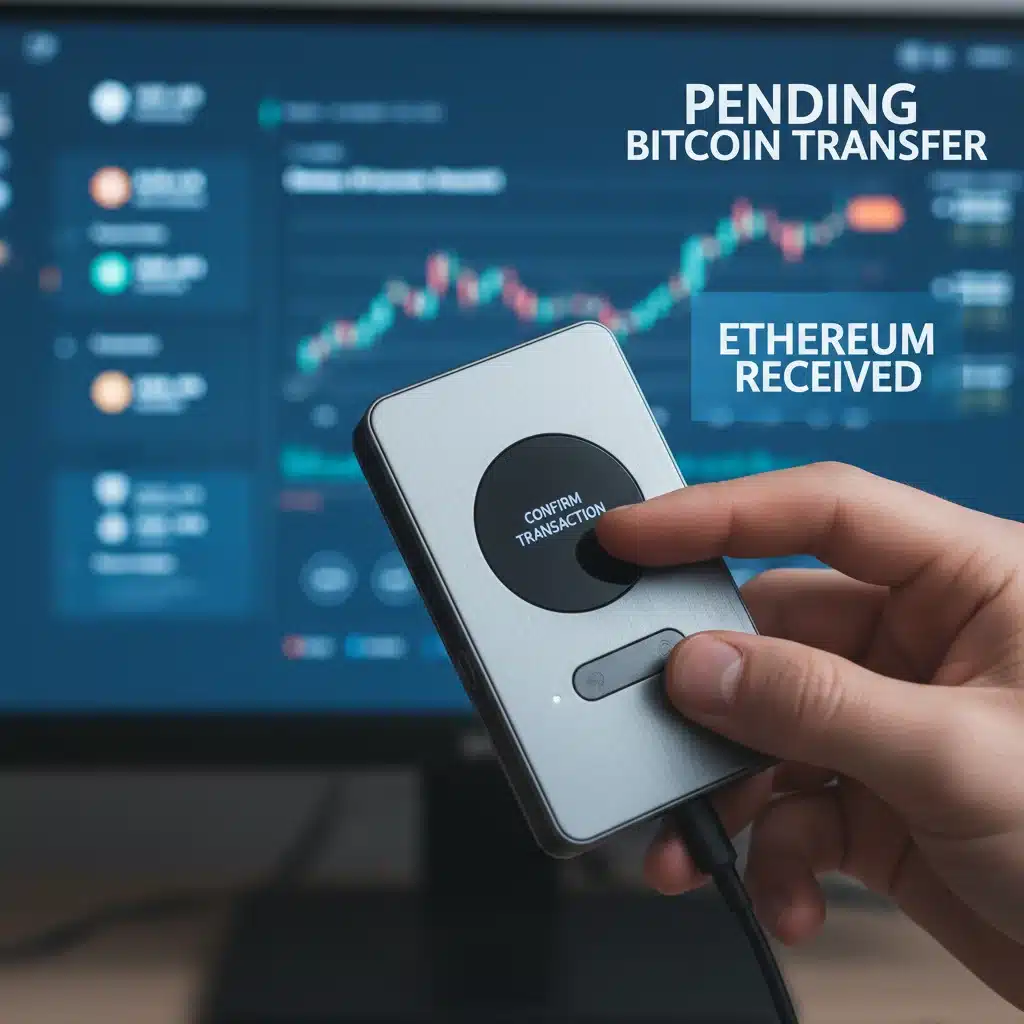 Hardware wallet in use for secure cryptocurrency transactions