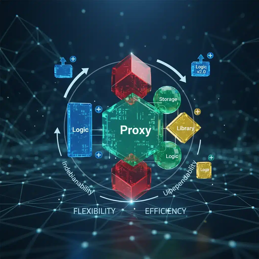 Modular smart contract architecture with interlocking components representing flexible and upgradeable design.