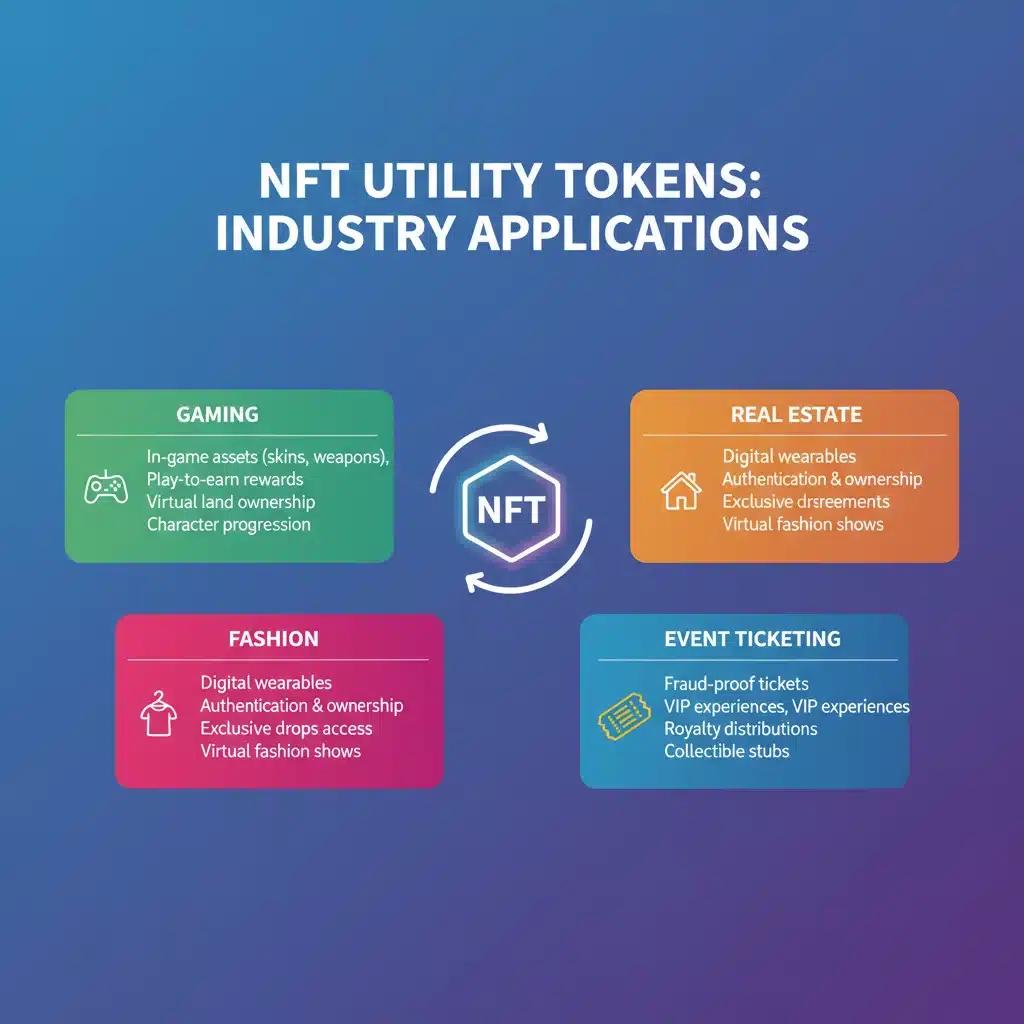 Infographic detailing diverse applications of NFT utility tokens in various industries.