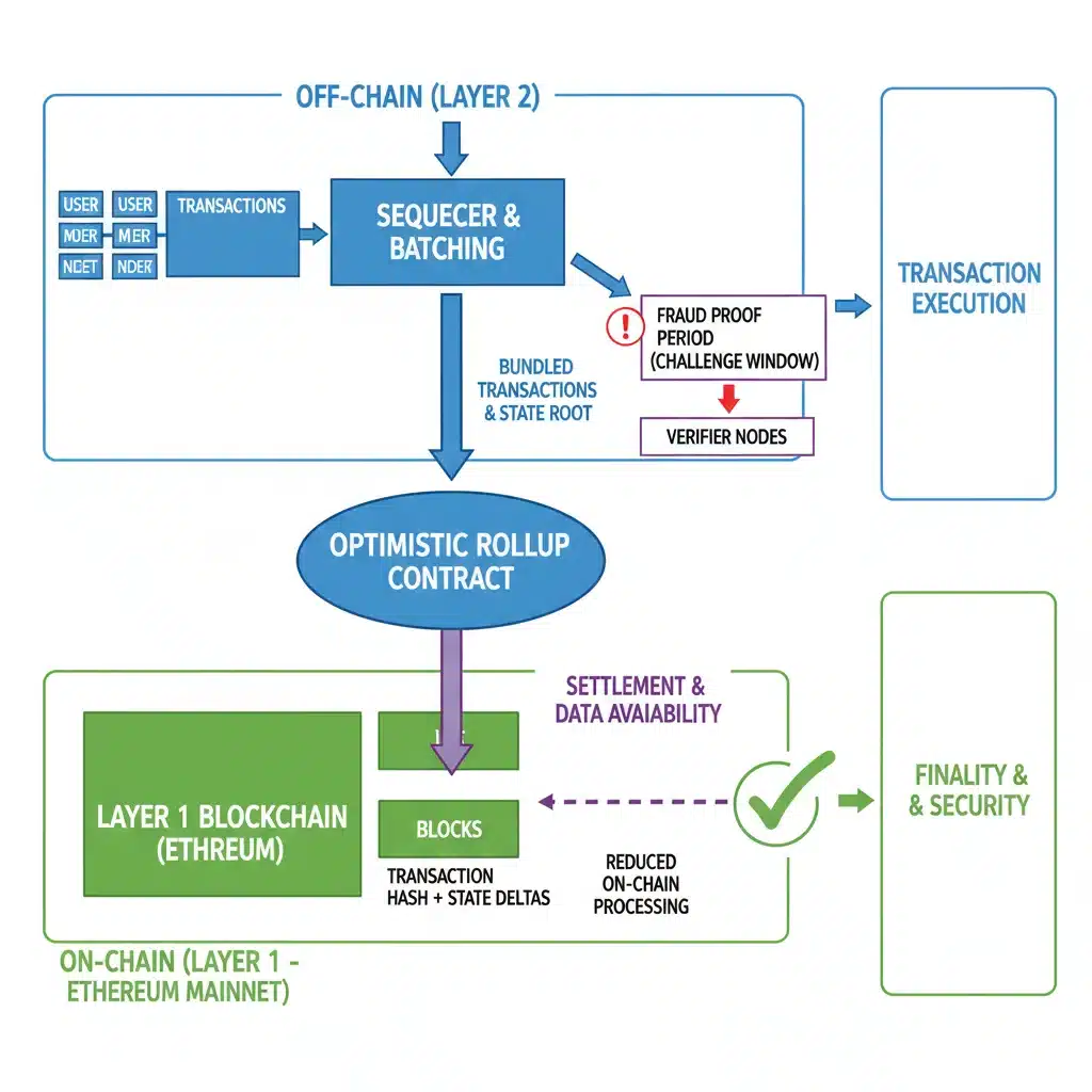 Diagram of an optimistic rollup, demonstrating off-chain transaction bundling for gas fee optimization.