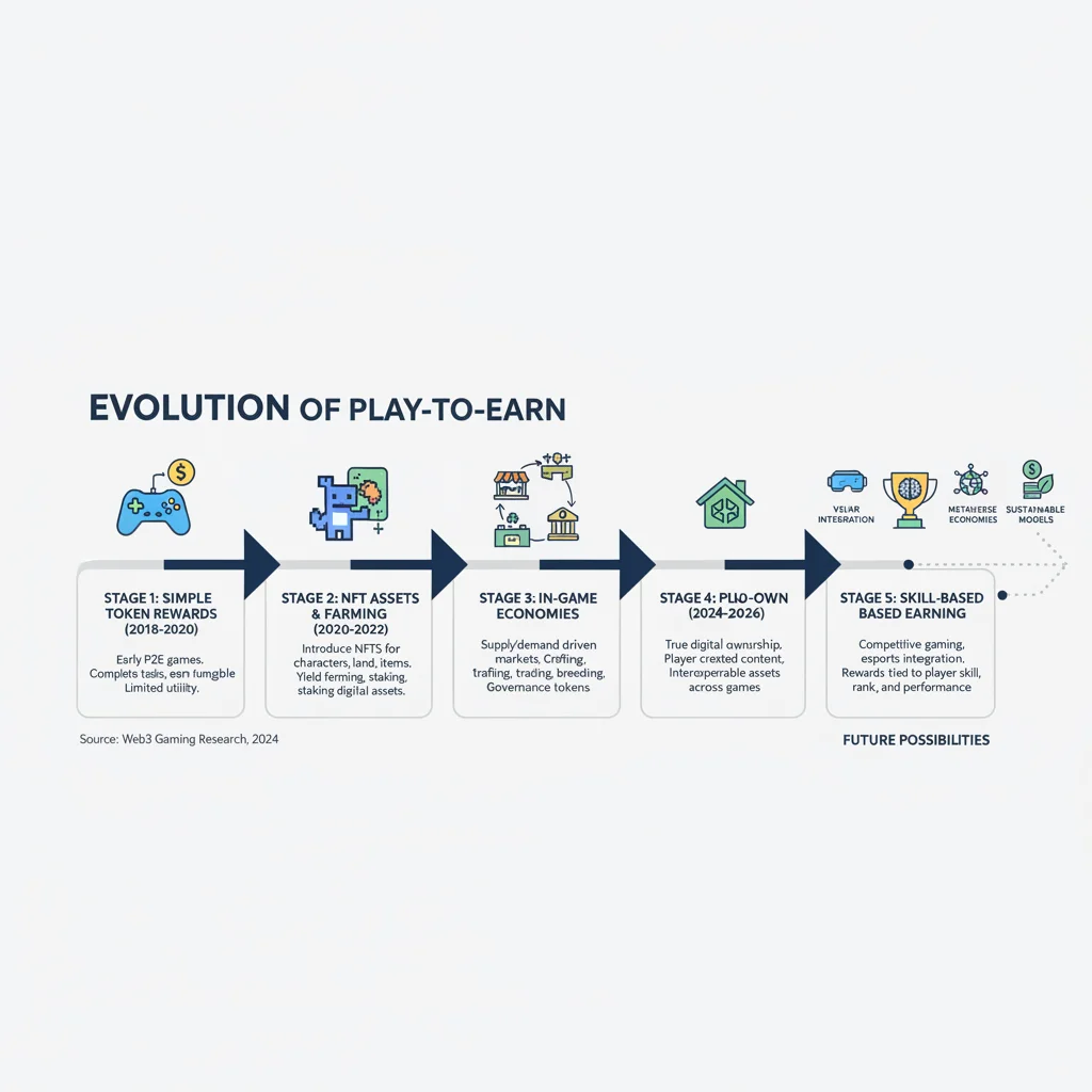 Infographic illustrating the evolution of play-to-earn models in Web3 gaming, from basic rewards to complex economies.