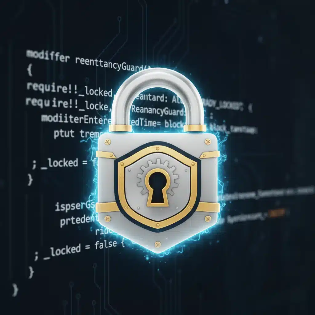 Code snippet showing a reentrancy guard modifier with a padlock icon, symbolizing protection.