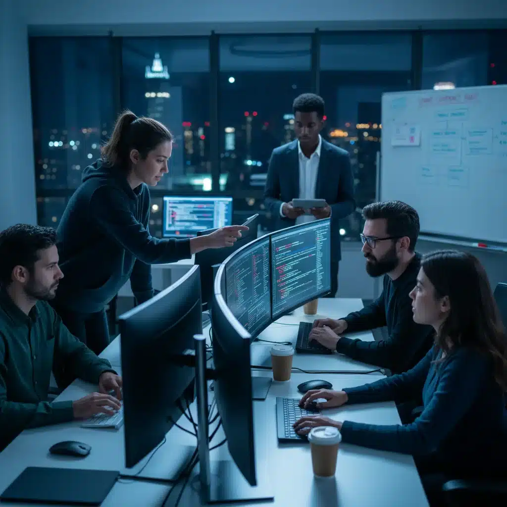 Cybersecurity team collaborating on smart contract code review and vulnerability analysis.