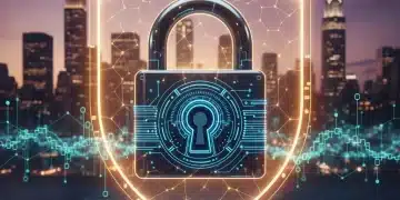 Futuristic digital lock secured by a shield, symbolizing robust smart contract auditing in the U.S. market.
