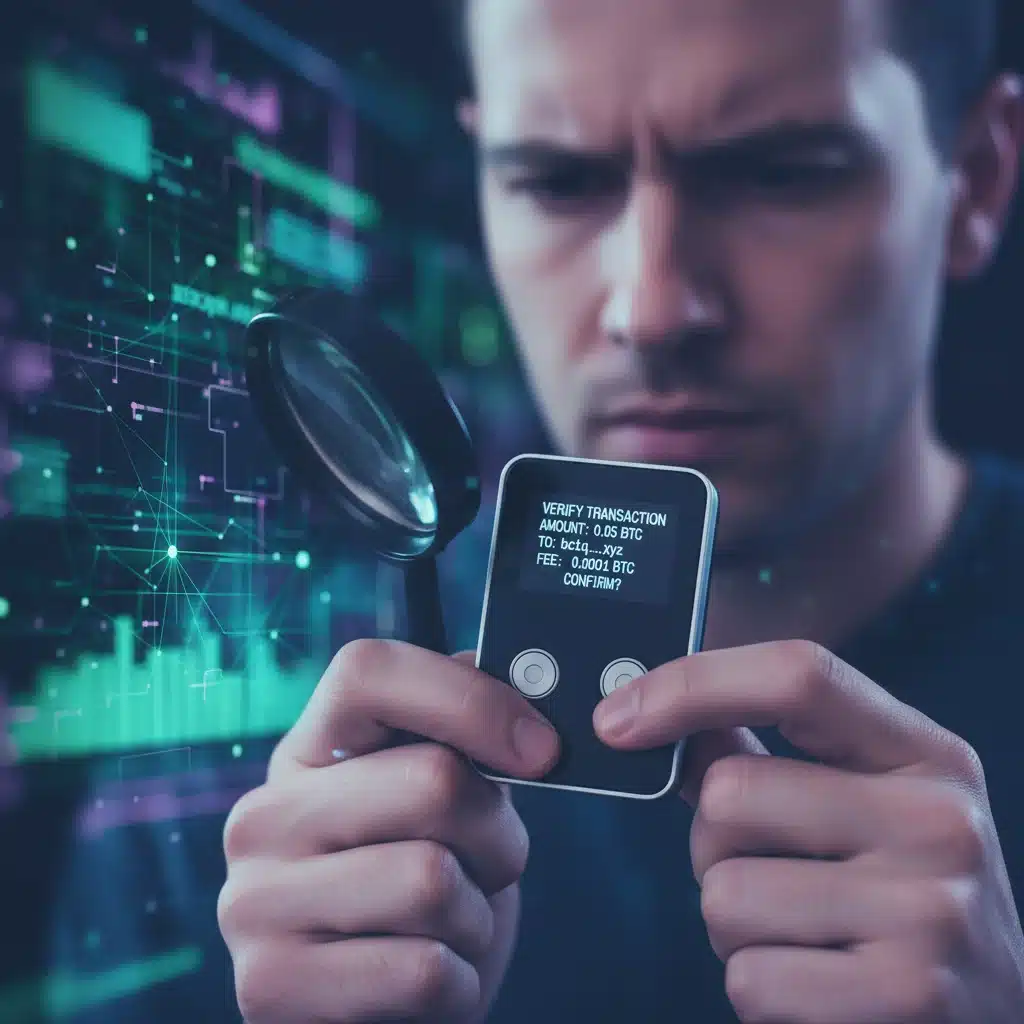 Person verifying cryptocurrency transaction on hardware wallet screen
